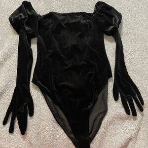 Wolf & Whistle Playful Promises Black Velvet Bodysuit with Gloves Size 8